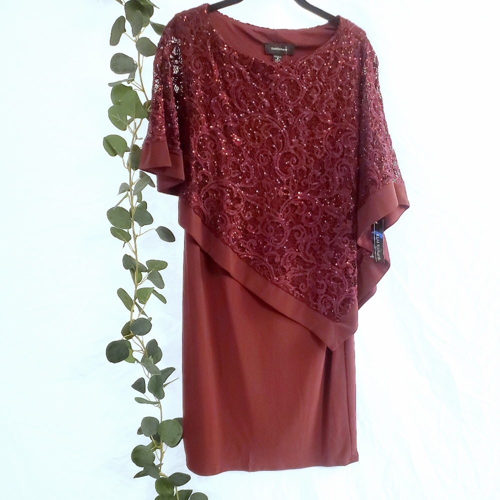 R&M RICHARDS Sequined Metallic Lace Capelet Dress in Merlot Asymmetric Poncho 8